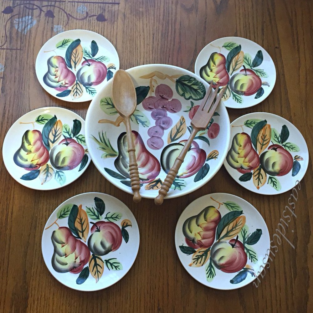 UNUSED 1957 Japan SALAD SET XL Serving Bowl + Plates & Utensils Fruit and Leaves